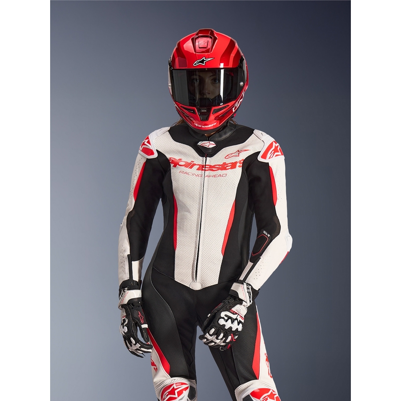 Dámská jednodílná kožená kombinéza na motorku Alpinestars Stella GP-R7 bílo-fluo červeno-černá