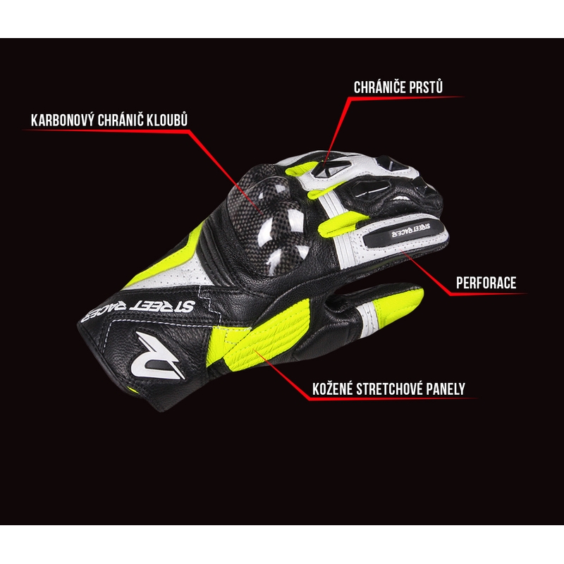 Rukavice na motorku Street Racer XTR černo-bílo-fluo žluté výprodej