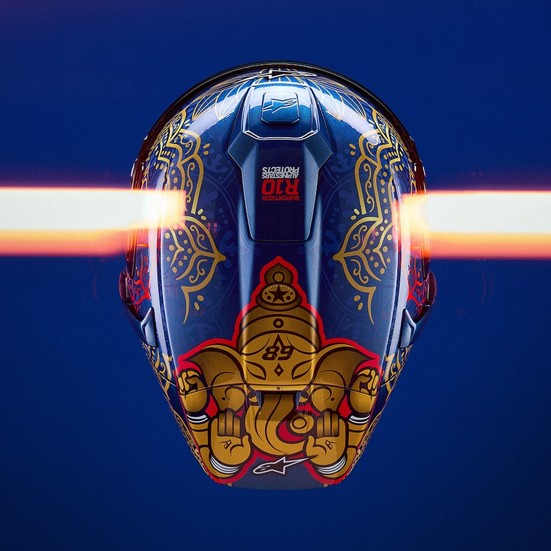 Integrální helma na motorku Alpinestars Supertech R10 Marthainator limitovaná edice JORGE MARTIN modro perleťovo zlato červená