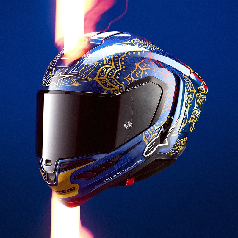 Integrální helma na motorku Alpinestars Supertech R10 Marthainator limitovaná edice JORGE MARTIN modro perleťovo zlato červená