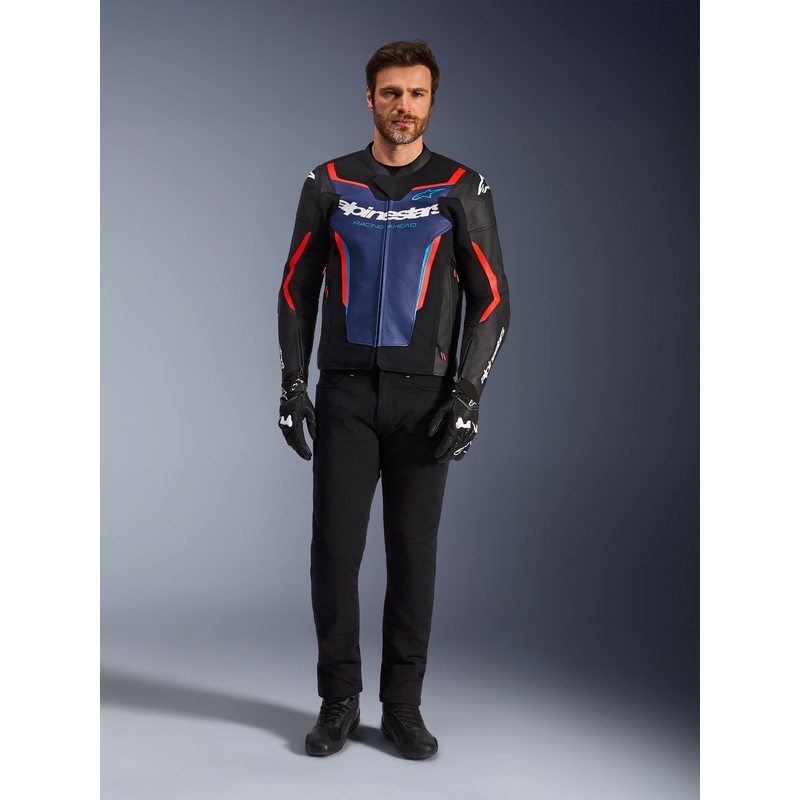 Kožená bunda na motorku Alpinestars GP Force V2 černo-modro-fluo červená