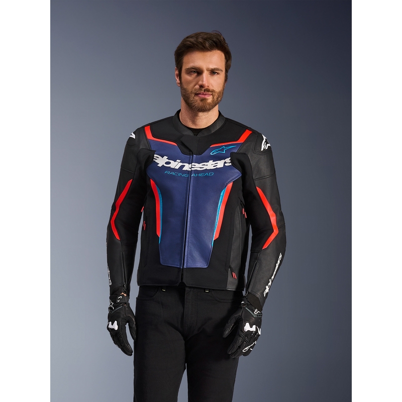 Kožená bunda na motorku Alpinestars GP Force V2 černo-modro-fluo červená