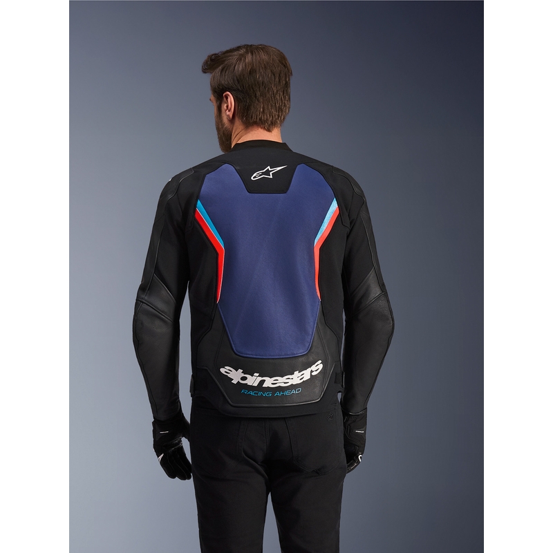 Kožená bunda na motorku Alpinestars GP Force V2 černo-modro-fluo červená