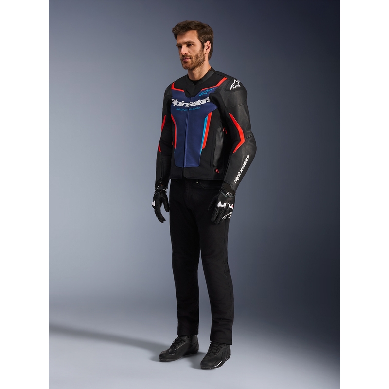 Kožená bunda na motorku Alpinestars GP Force V2 černo-modro-fluo červená