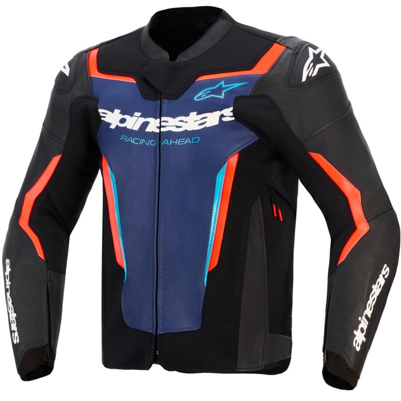 Kožená bunda na motorku Alpinestars GP Force V2 černo-modro-fluo červená