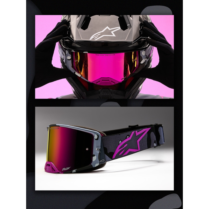 Motokrosové brýle Alpinestars Supertech Lone fialové camo se zrcadlově růžovým plexi