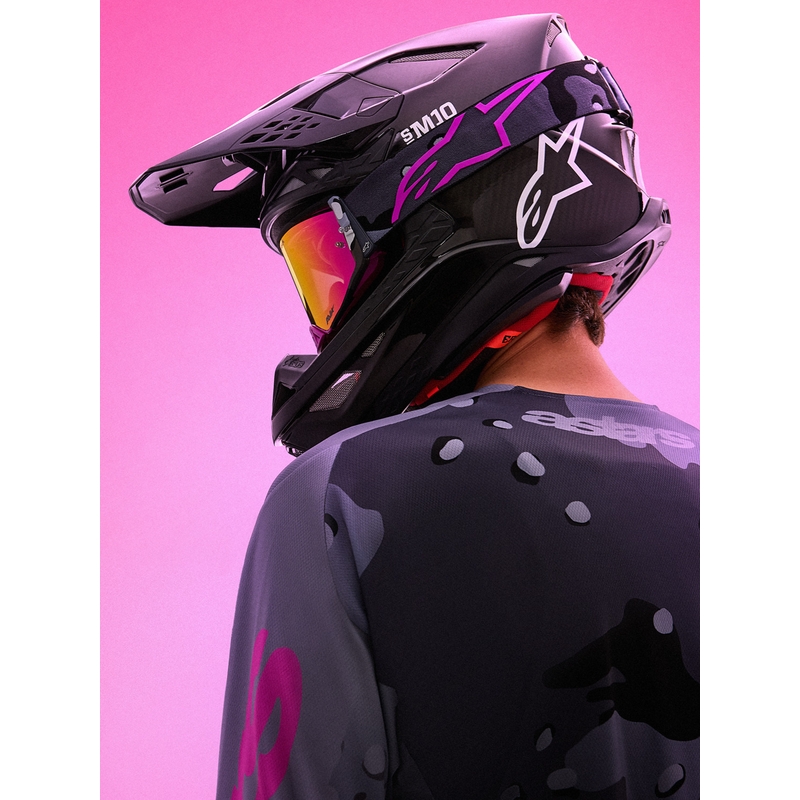 Motokrosové brýle Alpinestars Supertech Lone fialové camo se zrcadlově růžovým plexi