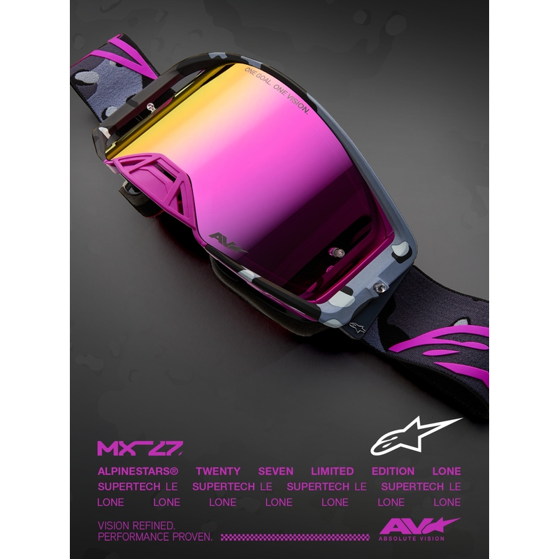 Motokrosové brýle Alpinestars Supertech Lone fialové camo se zrcadlově růžovým plexi