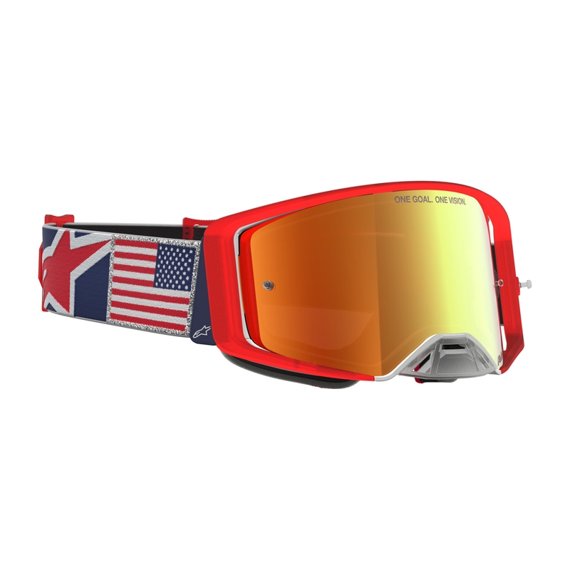 Motokrosové brýle Alpinestars Supertech Fiftyfold modro-červeno-bílé se zrcadlovým červeným plexi