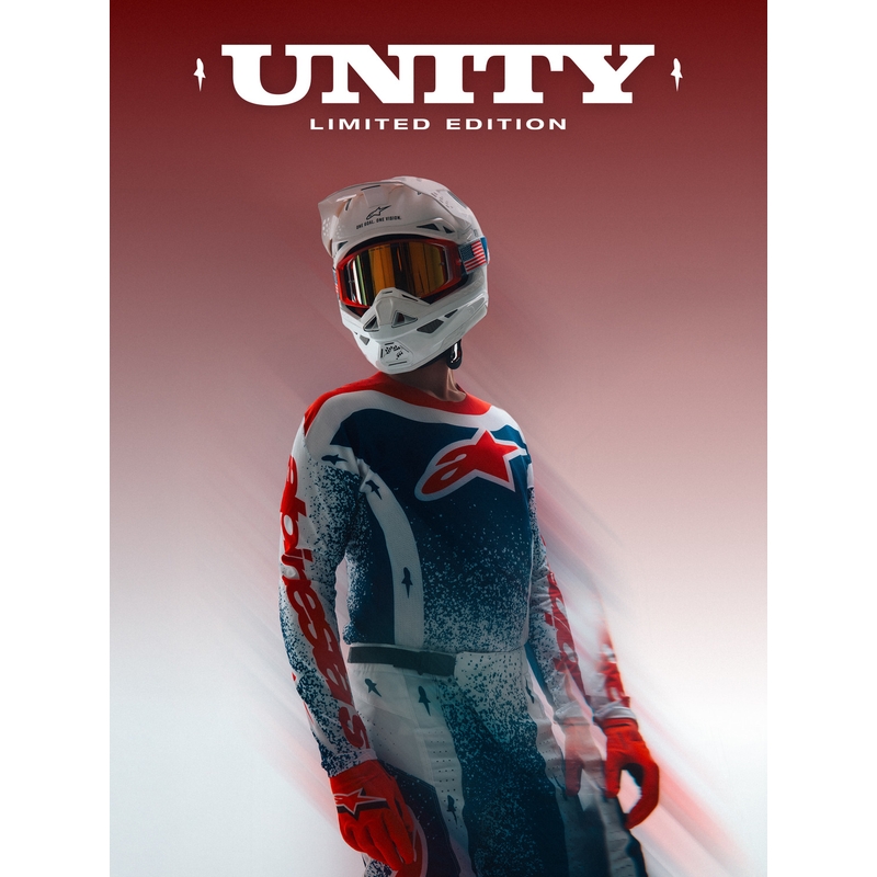 Motokrosové kalhoty Alpinestars Techstar limitovaná edice Unity červeno-bílo-modré
