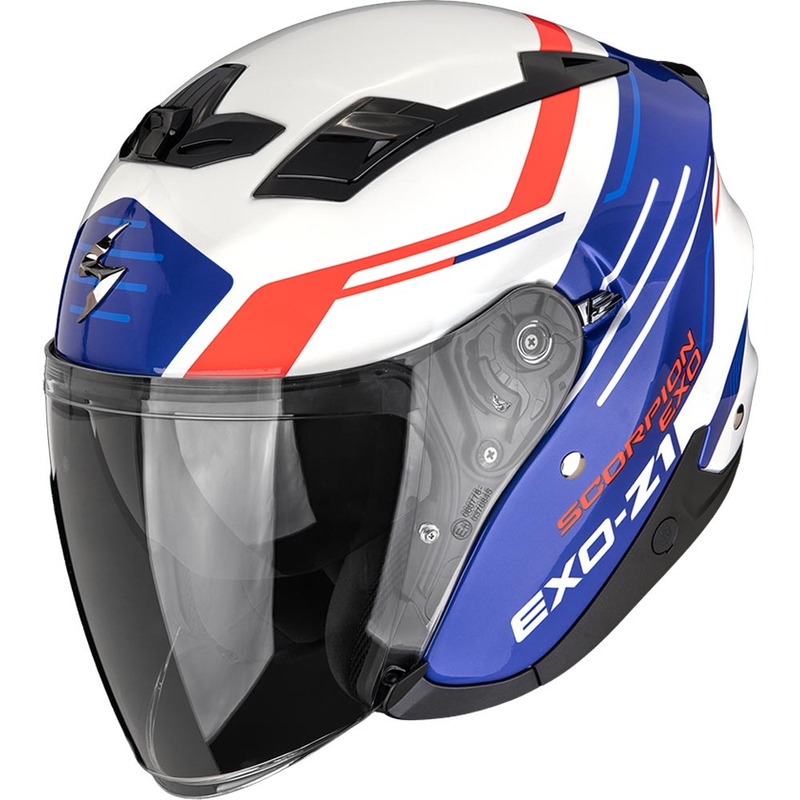 Otevřená helma na motorku Scorpion EXO-Z1 Prymus bílo-modro-červená