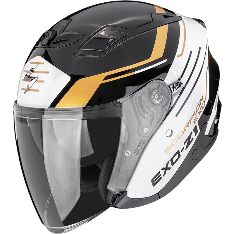 Otevřená helma na motorku Scorpion EXO-Z1 Prymus černo-bílo-zlatá