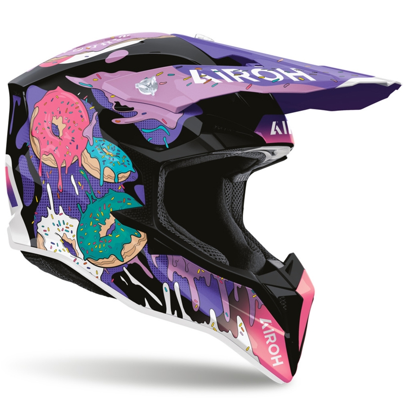 Motokrosová helma na motorku Airoh Wraaap Donuts růžovo-fialovo-černá